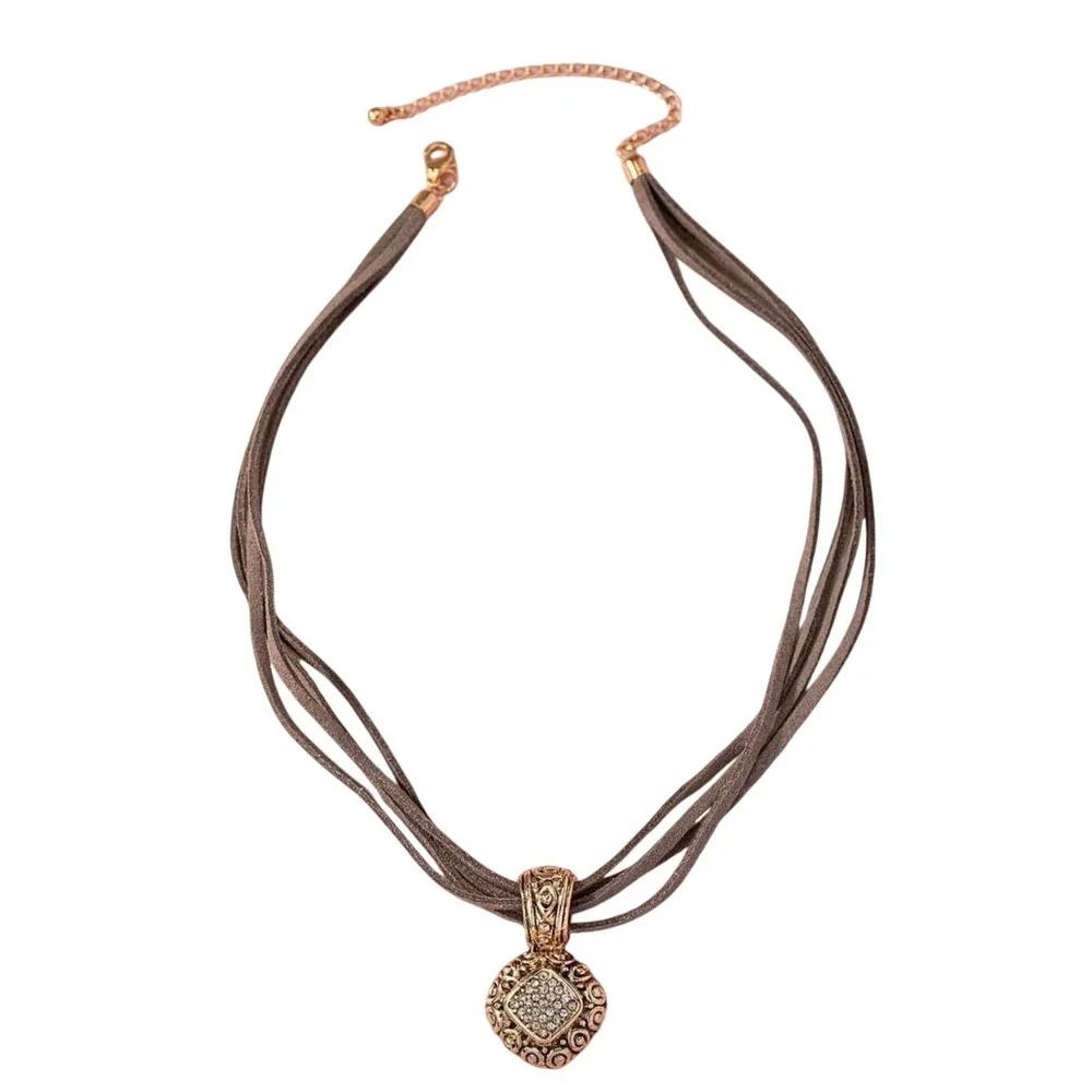 Boho Multi Strand Grey Suede Choker Necklace Rhinestone Pendant‎ Women